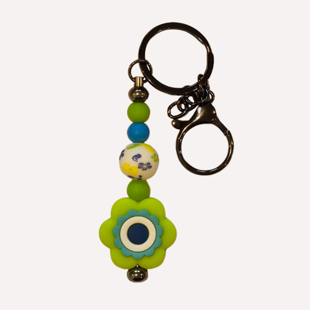 Black Keyring with Blue and Green Flower Bead